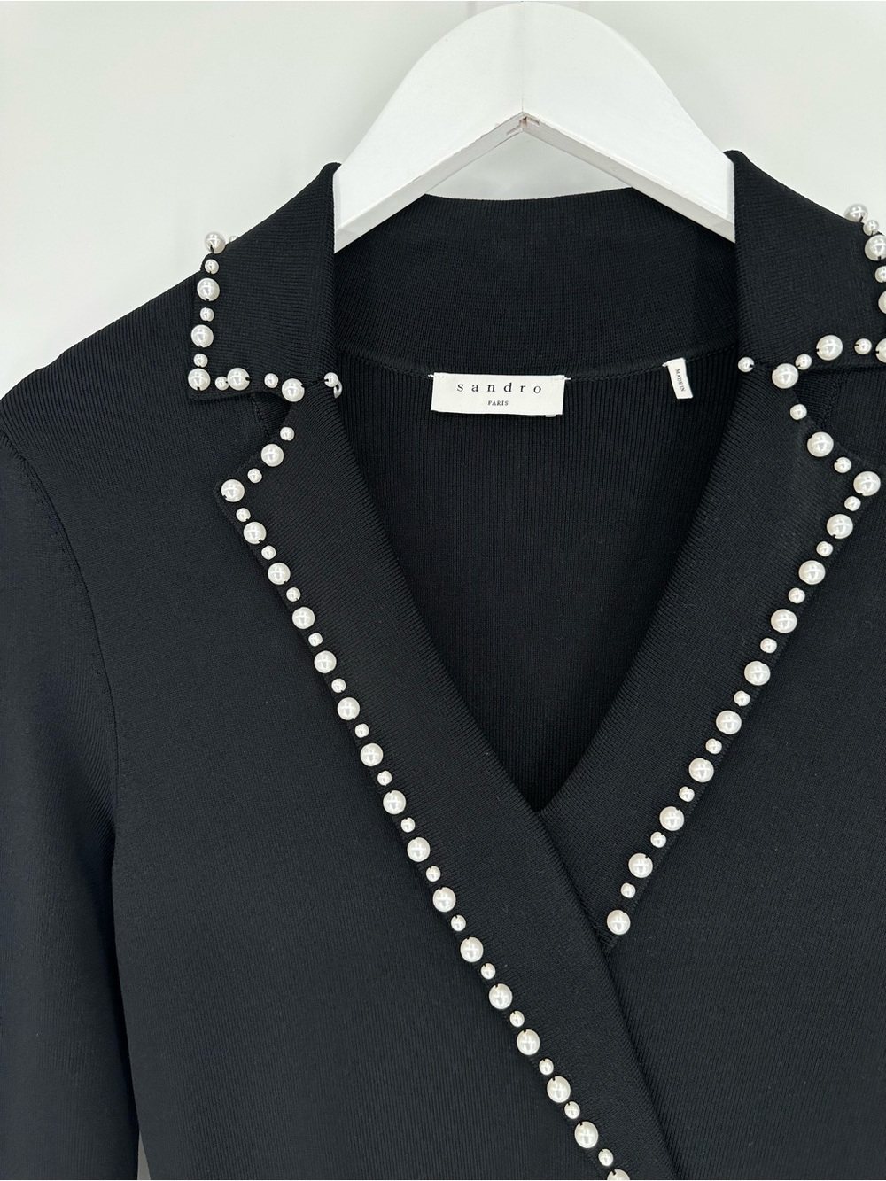 Sandro Paris Pearl Lapel Long Sleeve Fit & Flare Sweater Mini Dress - Black - Picture 9 of 16
